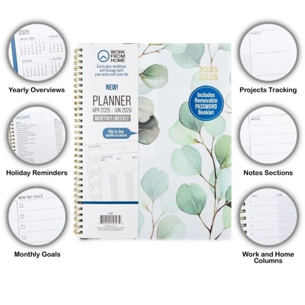Work from Home Monthly Weekly Large Planner - Green Leaves NWT 9" X 11"